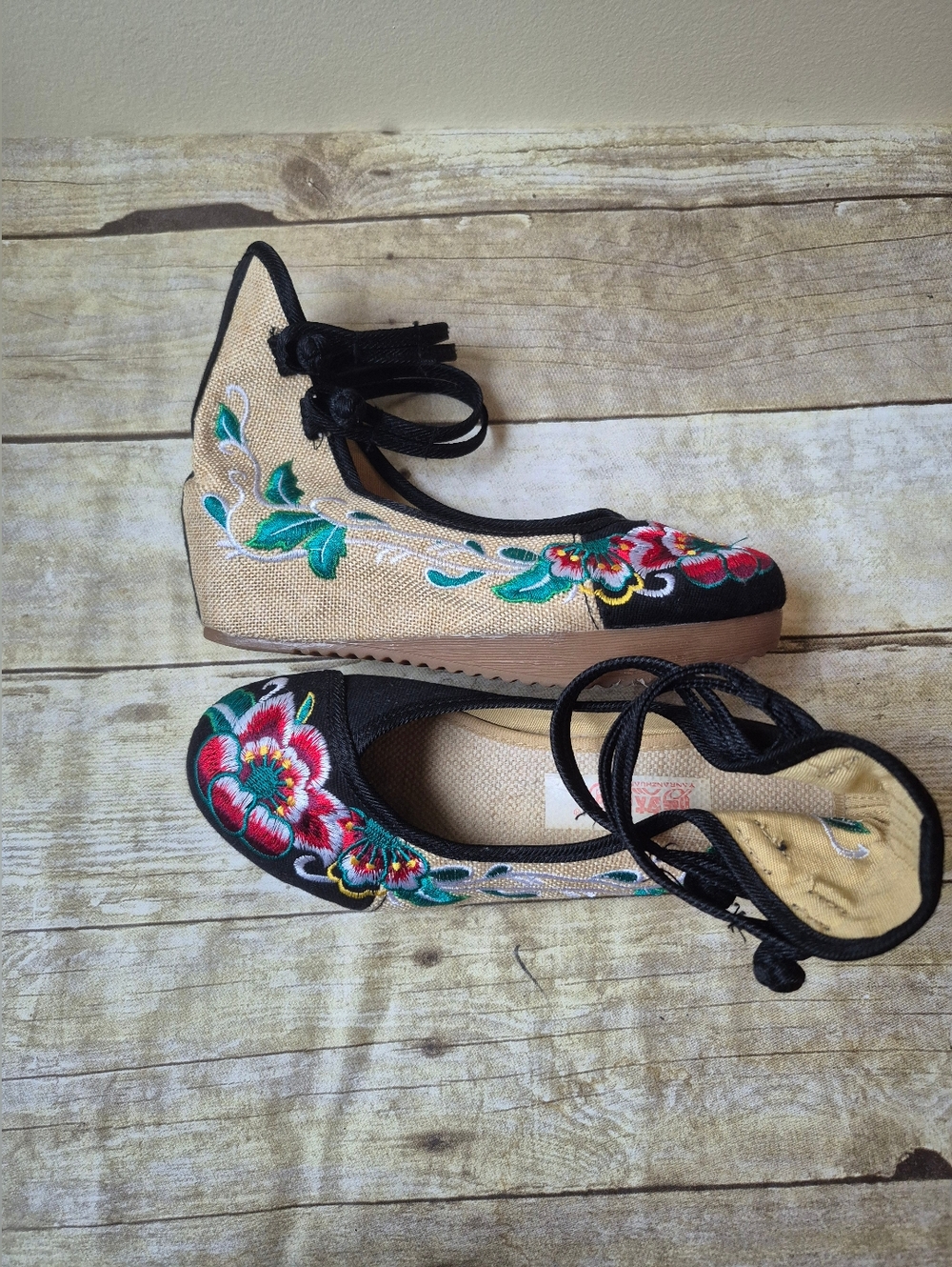 Black Embroidered Floral Ankle-Tie Wedges - Picture 3 of 14